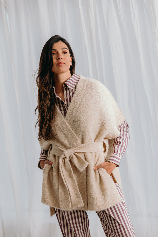 Dré bouclé knit wrapped jacket with belt